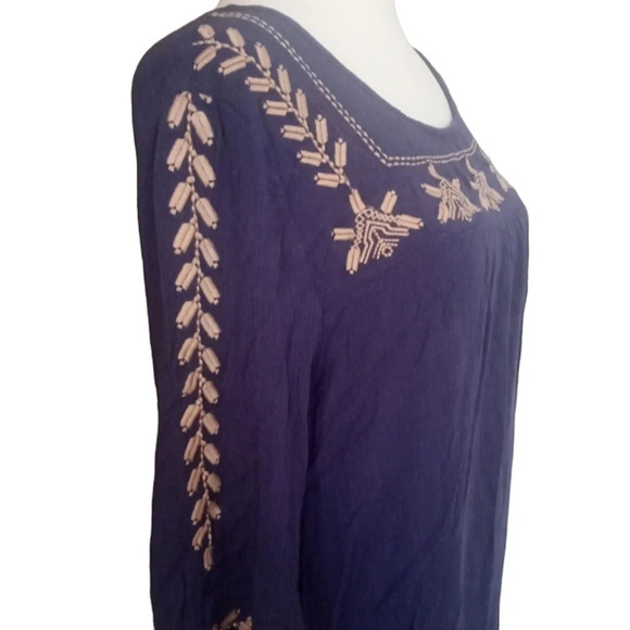 Umgee Blue Tan Embroidered Boho Lightweight Cotton Blend Tunic Top Size Large - Picture 6 of 9